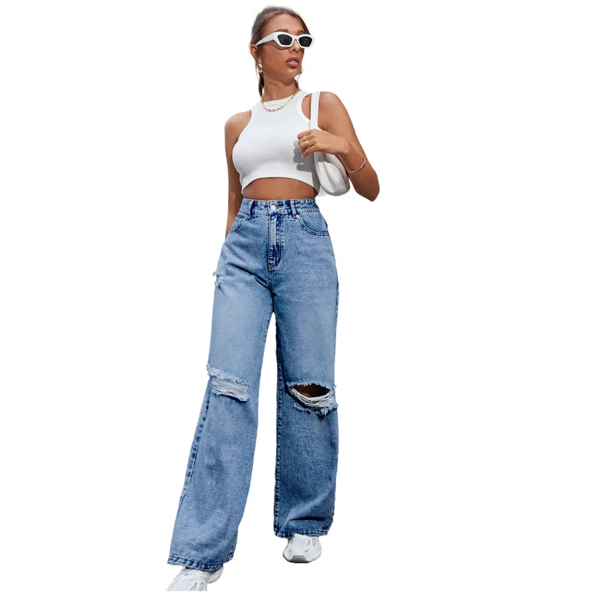 Summer Y2k Ripped Wide Leg Baggy Jeans Women 2024 Fashion High Waist New In Denim Pants Trousers Casual