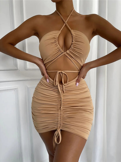3 Colors Cut Out Halter Pleated Summer Dress Evening Party Bodycon Dress Mini Dress For Women Tight Dress Clubwear Vestidos D282