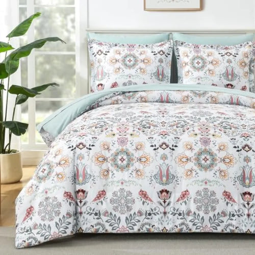 Boho Floral Comforter Set - 7 Piece Queen Bedding in Light Green Microfiber with Elegant Design