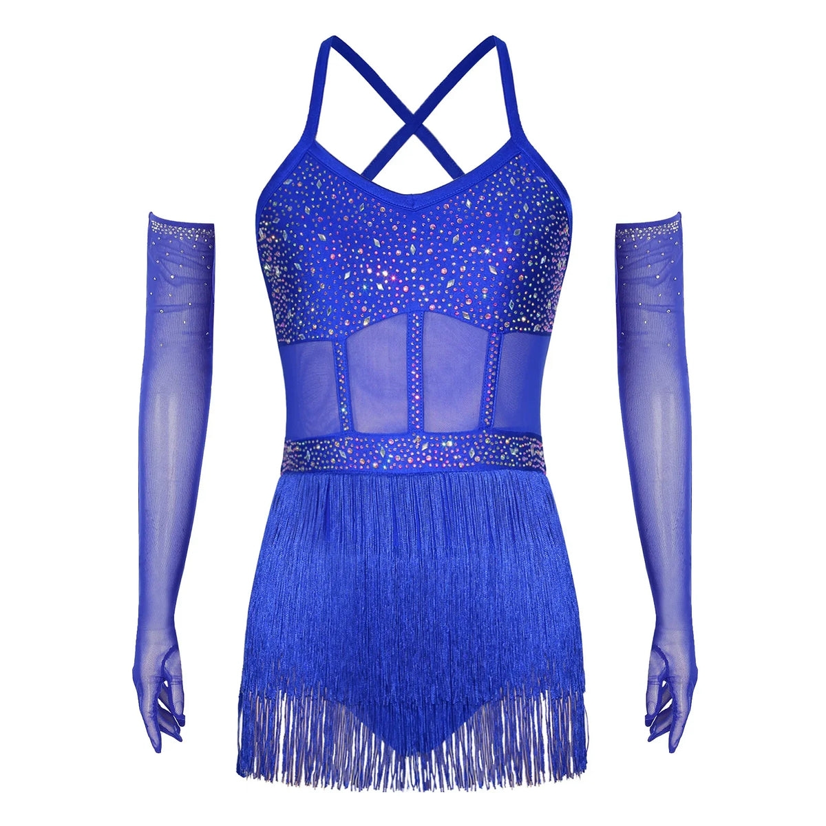 Womens Latin Dance Dress Sheer Mesh Patchwork Tiered Tassel Bodysuit Dress and Gloves for Tango Samba Dance Ballroom Dancewear