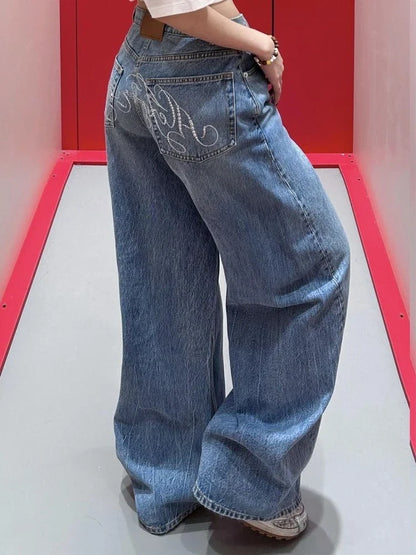 HOUZHOU Baggy Blue Jeans Women Vintage Y2k Letter Rhinestone Straight Denim Trousers Streetwear High Waist Wide Leg Jeans Chic