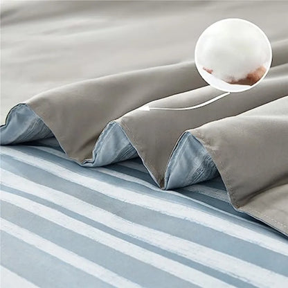 7-Piece Light Blue & White Striped Microfiber Queen Bedding Set