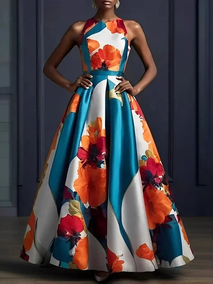 Women Elegant Floral Printed Dress Sleeveless Crew Neck Maxi Evening Dress 2025 New Summer High Waist Slim Party Wedding Dresses