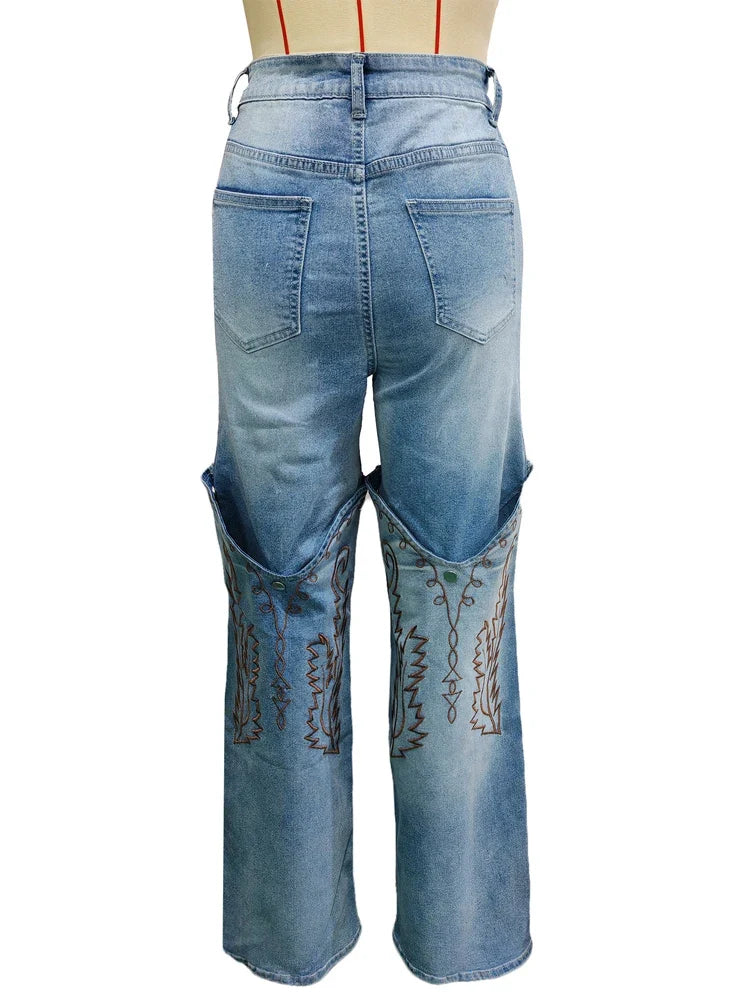 2025 Summer Fashion Woman Vintage Embroidery Denim Trousers Casual High Waist Straight Leg Jeans Women Street Clothes Jean Pants