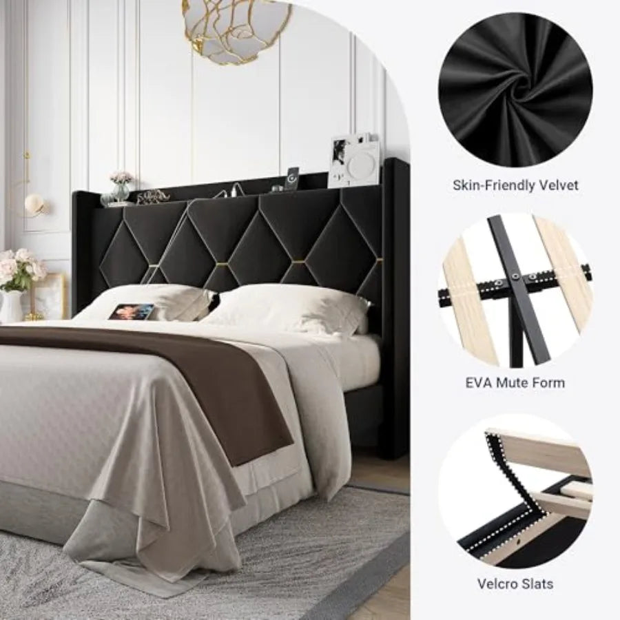 Luxury Velvet Bed Frame with Built-In USB Charging, Diamond Tufted Wingback Design