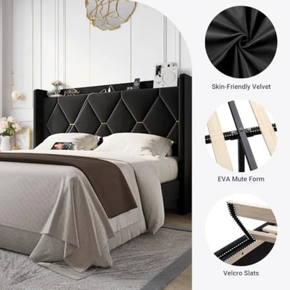 Luxury Velvet Bed Frame with Built-In USB Charging, Diamond Tufted Wingback Design
