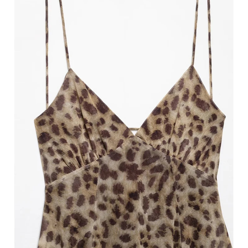 MUJER 2025 Tulle Mini Dress Woman Leopard Print Slip Dress Women Sexy Backless Short Dresses for Women Draped Party Dresses