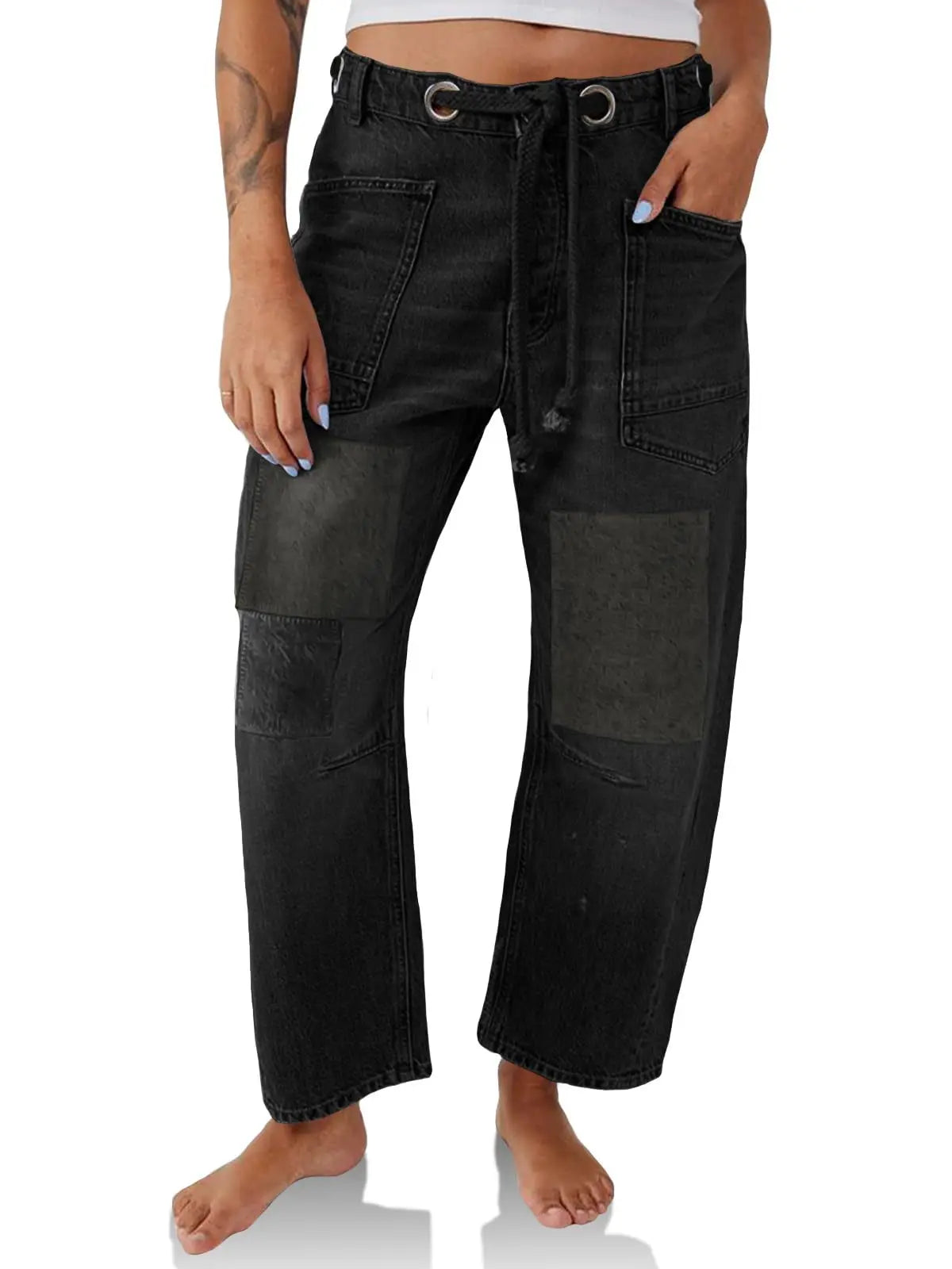 Jeans Women Denim Pants Straight Trousers Drawstring Long Pant Casual Loose Y2k Streetwear Button Pocket Splice Mom Jeans 2025