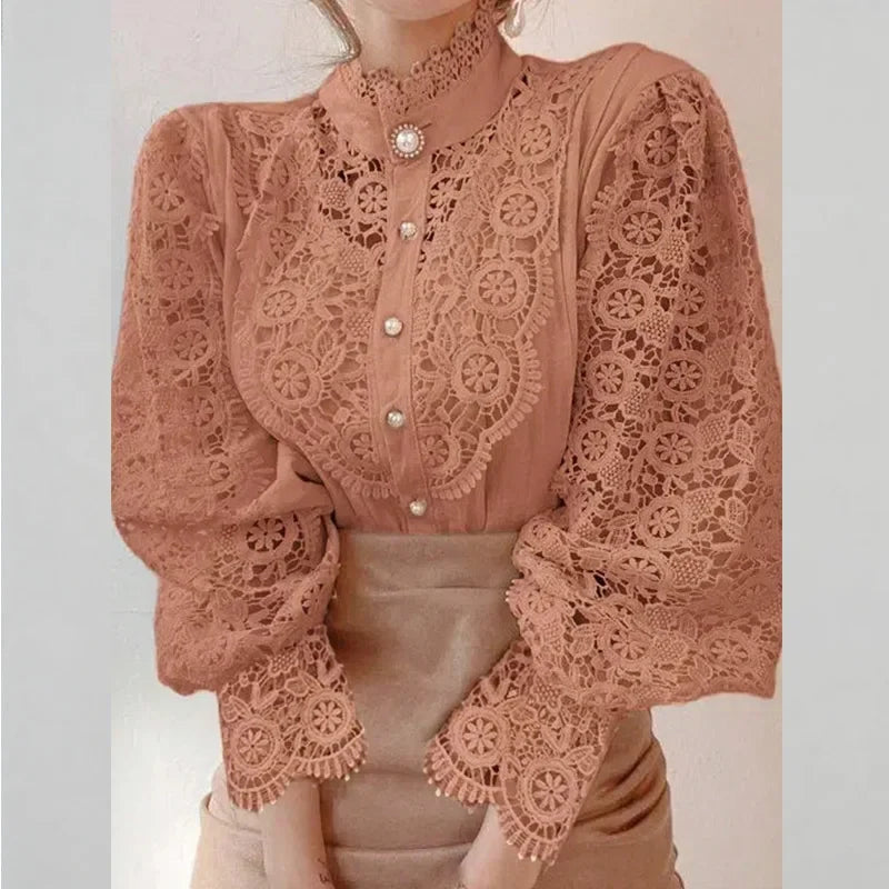 Shirt Women Blusas Mujer De Moda Office Lady Flower Blouse Spring Hollow Out Lace  Stand Collar Button Female Clothing 12419