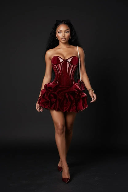 Sexy Wine Red Ruched Bubble Short Women Party Dresses With A Corset Bustier Girls Birthday Mini Dress