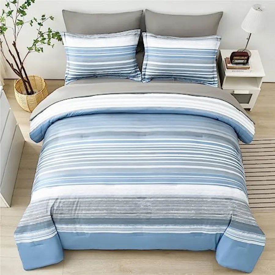 7-Piece Light Blue & White Striped Microfiber Queen Bedding Set