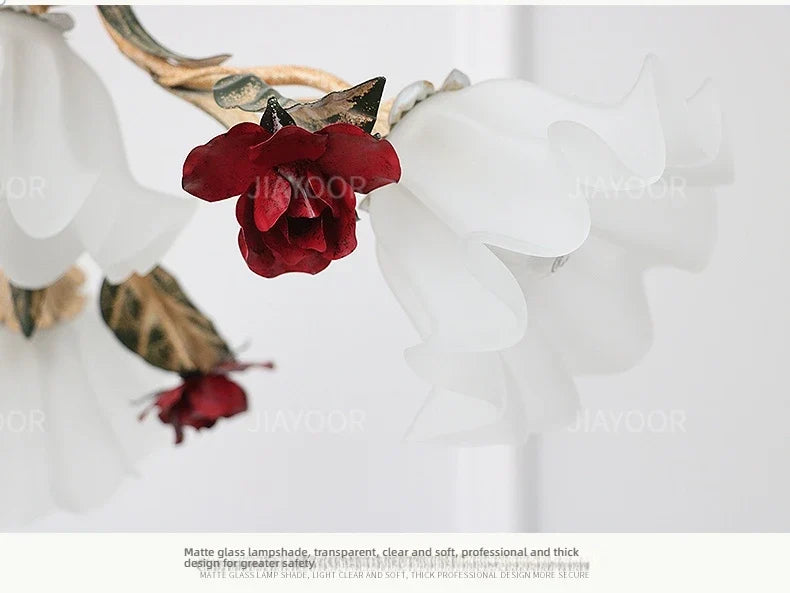 Floral Chandelier with Red Rose Accents, Golden Vines & LED Lights - 4/6/9 Heads
