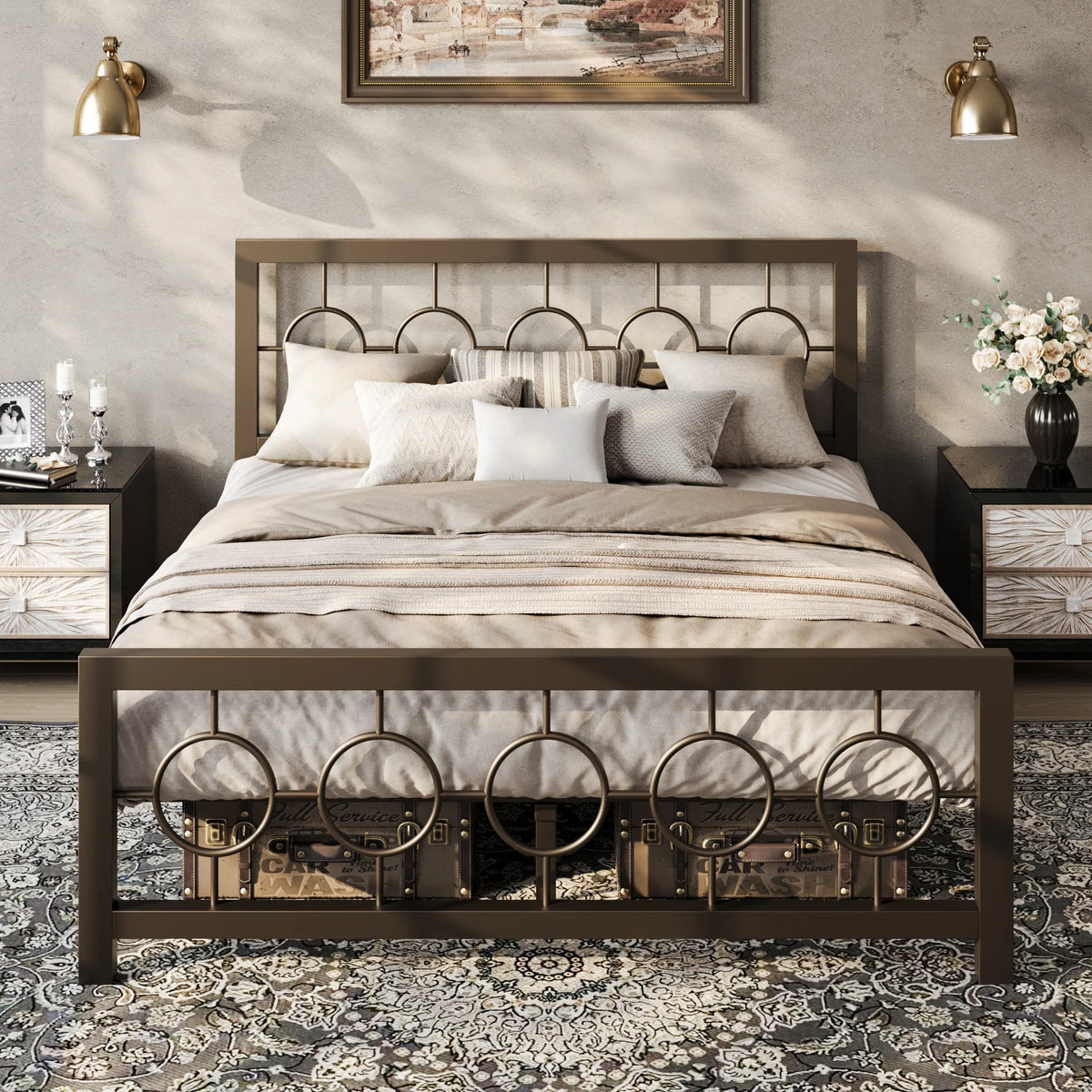Vintage Modern Bed Frame with Heavy-Duty Iron, Under-Bed Storage, No Box Spring Needed, Black/Brown