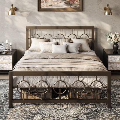 Vintage Modern Bed Frame with Heavy-Duty Iron, Under-Bed Storage, No Box Spring Needed, Black/Brown