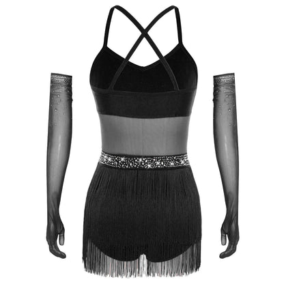 Womens Latin Dance Dress Sheer Mesh Patchwork Tiered Tassel Bodysuit Dress and Gloves for Tango Samba Dance Ballroom Dancewear
