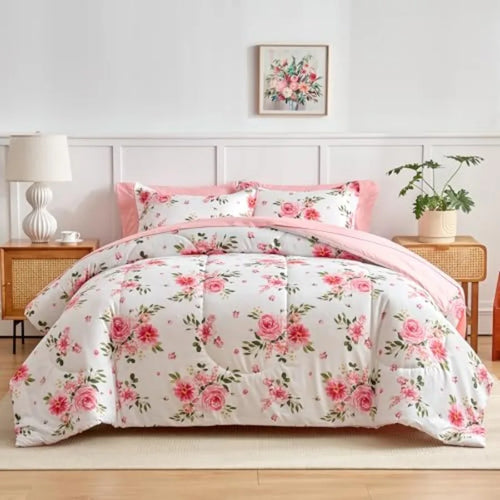 Elegant 7-Piece Queen Floral Bedding Set & 6-Piece Twin Comforter Set - Soft Microfiber, Reversible Pink & White Design