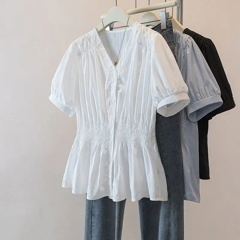 200 Pounds Plus Size Elastic Waist Office Lady Trend Shirt And Blouse Short Sleeve Solid Top  Women Clothing V-neck French Chic