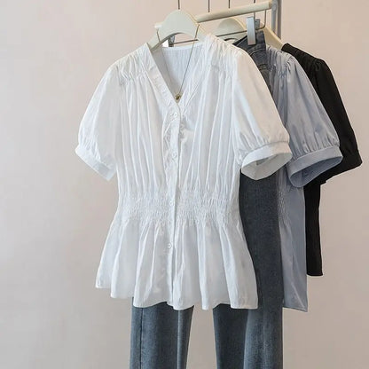 200 Pounds Plus Size Elastic Waist Office Lady Trend Shirt And Blouse Short Sleeve Solid Top  Women Clothing V-neck French Chic