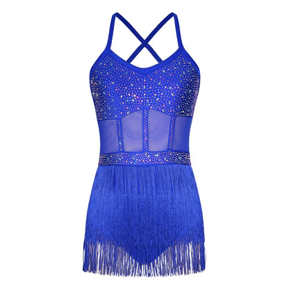 Womens Latin Dance Dress Sheer Mesh Patchwork Tiered Tassel Bodysuit Dress and Gloves for Tango Samba Dance Ballroom Dancewear