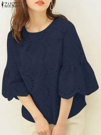 ZANZEA Fashion Summer 3/4 Sleeve Hollow Out Blouse Women Elegant Lace Crochet Tops Casual Loose Embroidery Shirt Work Blusas