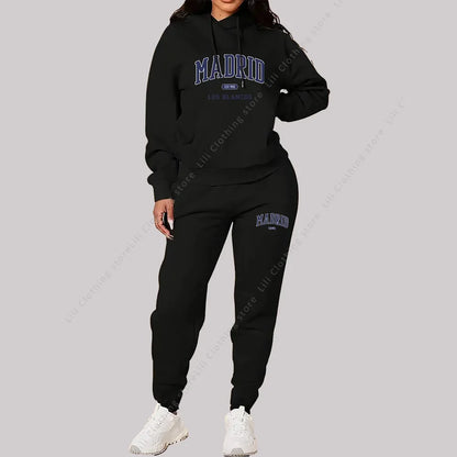 New Ladies TrackSuit Autumn Winter Hoodies Sweatshirts Sweatpants 2 Piece Outfits Madrid Print Trend Sportwear Women Pants Sets