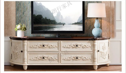 Traditional Birch Wood Media Console with 4 Drawers & Cabinets - Stylish Storage Solution