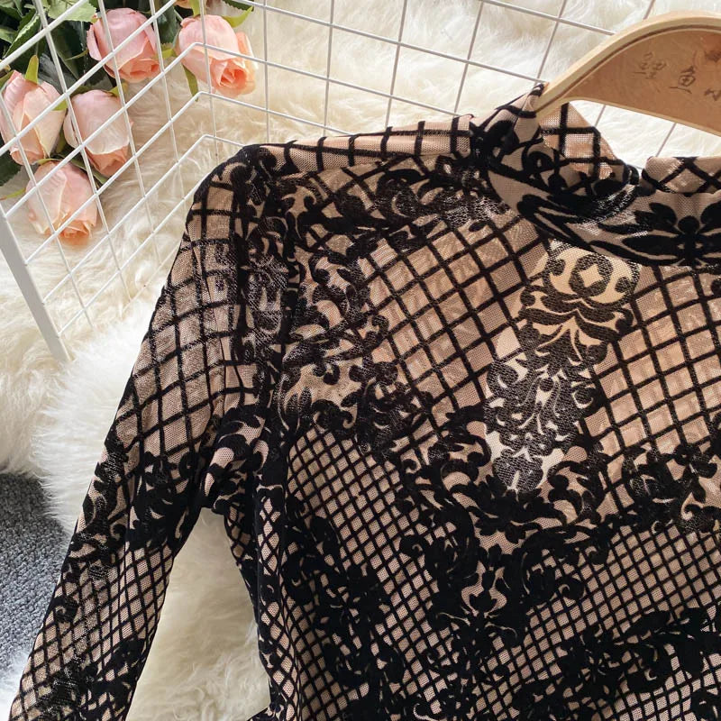 Women Bodycon Bodysuit 2024 Korean Sexy Backless Mesh Bodycon Jumpsuits Chic Flocking Slim Bodysuit Streetwear Long Sleeve 39950