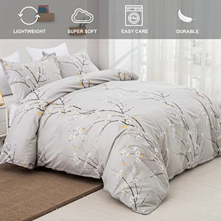 Sage Green Floral Duvet Cover Set Queen – Soft Microfiber, Modern Botanical Bedding with Yellow Accents