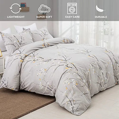 Sage Green Floral Duvet Cover Set Queen – Soft Microfiber, Modern Botanical Bedding with Yellow Accents