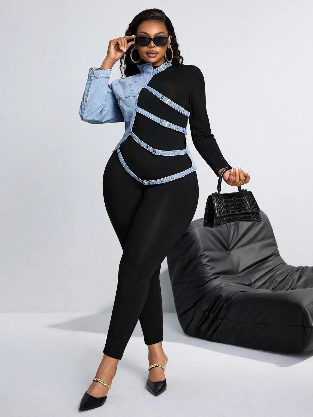 Plus Size Women's Asymmetrical Denim-Trimmed Long Sleeve Top with Belted Straps