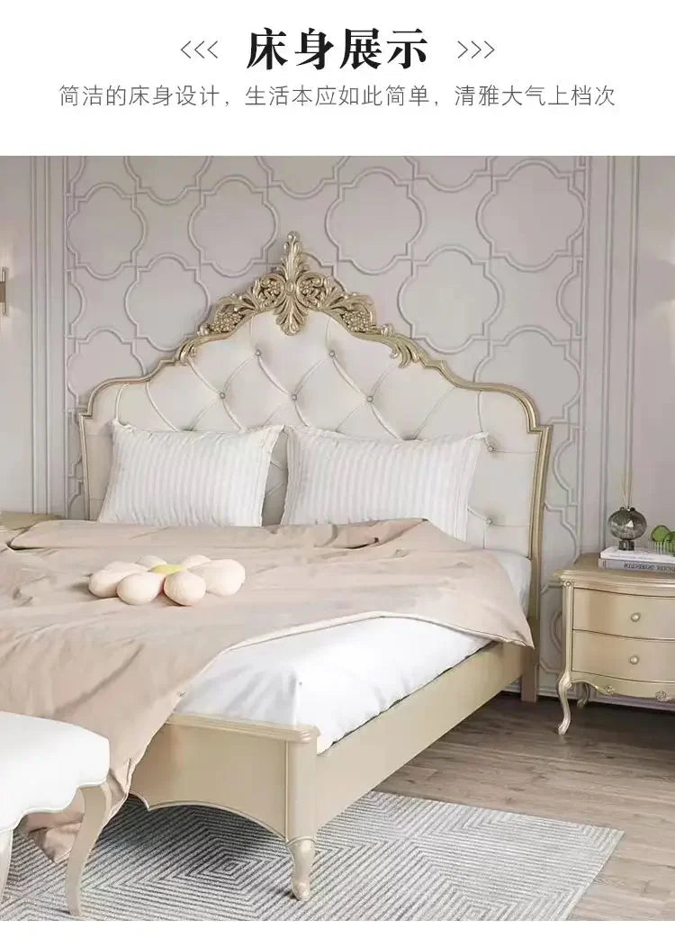 Luxury Wood Bed Set with Vintage European Design & Elegant Gold Nightstands