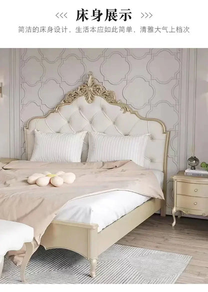 Luxury Wood Bed Set with Vintage European Design & Elegant Gold Nightstands