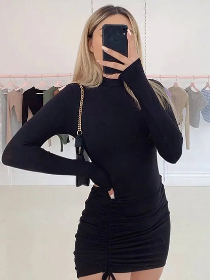 Long Sve Ruched Bodycon Dr Women Turtlene Bandage Mi 45 Deee Slant Cut Double Pant Waist Camere A-Line Sve Tee-...
