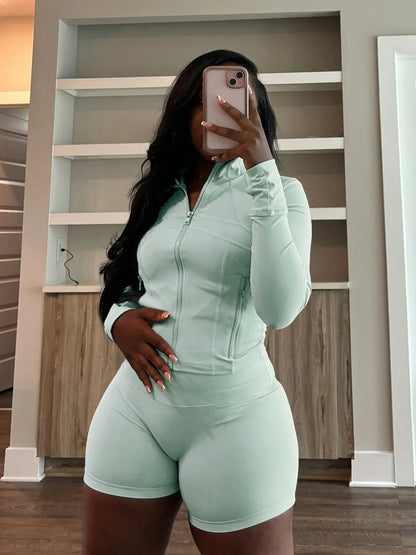 Fall Siold Bodycon Zipper Crop Top Women Tracksuits Sets+Trousers Women Black Gray 2 Two Pieces Matching Leggings Shorts Suits