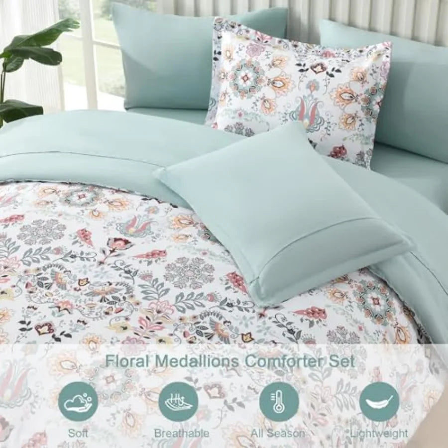 Boho Floral Comforter Set - 7 Piece Queen Bedding in Light Green Microfiber with Elegant Design