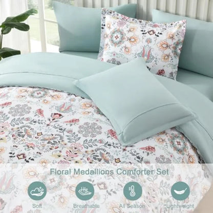 Boho Floral Comforter Set - 7 Piece Queen Bedding in Light Green Microfiber with Elegant Design