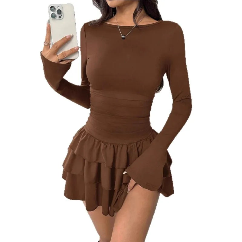 Temperament Dresses 2025 Woman Mini vestidos Simple Style Elegant French Bodycon Slim Pleated Fashion Long Sleeve Commuting Sexy