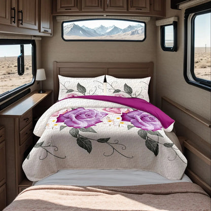 Queen 9-Piece Purple Rose Bedding and Curtain Set with Quilted Bedspread, Shams & Sheer Panels for a Complete Bedroom Refresh