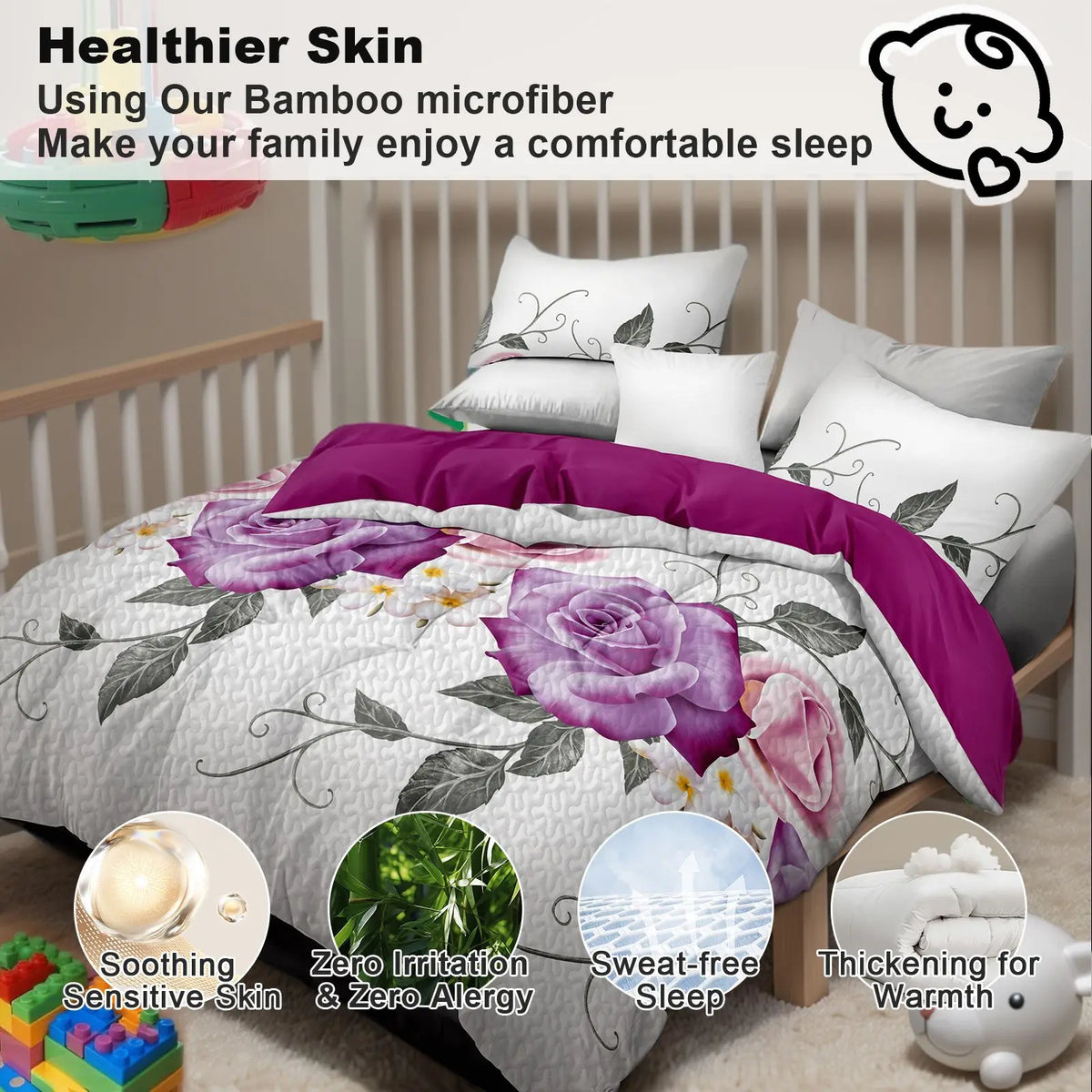 Queen 9-Piece Purple Rose Bedding and Curtain Set with Quilted Bedspread, Shams & Sheer Panels for a Complete Bedroom Refresh