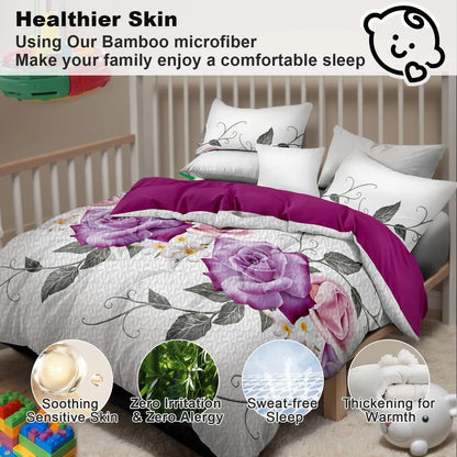 Queen 9-Piece Purple Rose Bedding and Curtain Set with Quilted Bedspread, Shams & Sheer Panels for a Complete Bedroom Refresh