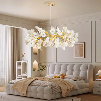 Gold Crystal Chandelier - Elegant Luxury Light Fixture with White Flower Design, 60cm & 80cm Sizes