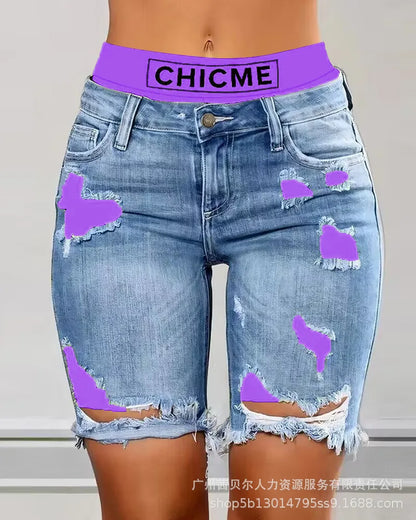 Fake Two-Piece Patchwork Cutout Ripped Jeans Women Ankle Length Fashion Casual High Waist Pencil Pants Denim