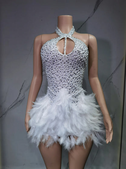 Fashion 2025new sexy Latin dance dress with airy hollow design, feather skirt hanging neck skirt