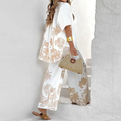 Women Single-Breasted Printing Fashion Outfit, Spring Summer Cardigan Top Straight Pants 2PCS Sets, Loose Elegant Ladies Suits
