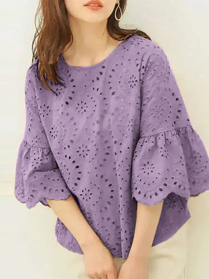 ZANZEA Fashion Summer 3/4 Sleeve Hollow Out Blouse Women Elegant Lace Crochet Tops Casual Loose Embroidery Shirt Work Blusas