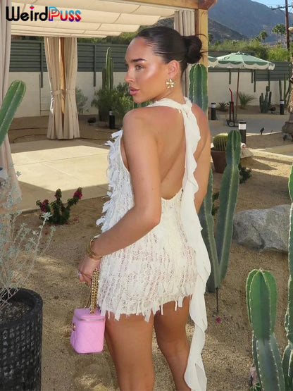 Weird Puss Sexy Halter Tassel Dress Women Y2K Elegant See Through Summer Trend Backless Skinny Stretch Midnight Bodycon Clubwear