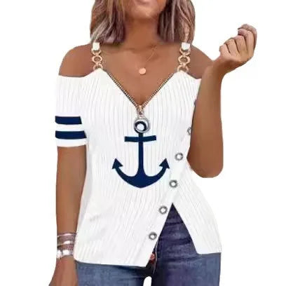 Blusas Para Mujer Print Zip Detail Split Hem Shoulder Top Women Short Sleeve Spring Summer T Shirt Tops Blouse Women Clothing