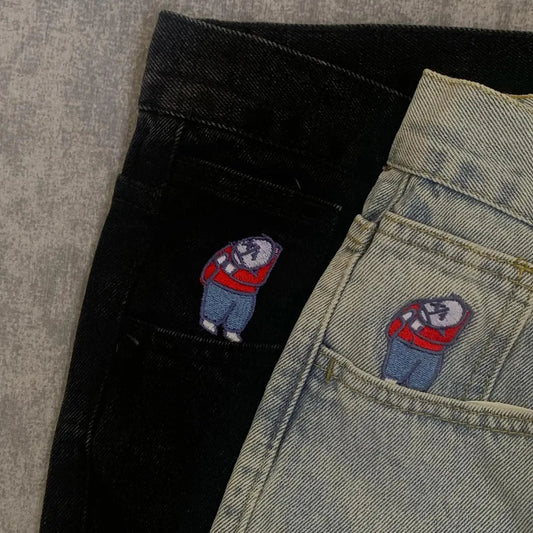 Y2K Embroidery Baggy Boy Jeans Women Streetwear Gothic Cartoon Blue Straight Jeans Retro Punk Rock High Waist Denim Trousers