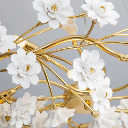 Gold Crystal Chandelier - Elegant Luxury Light Fixture with White Flower Design, 60cm & 80cm Sizes