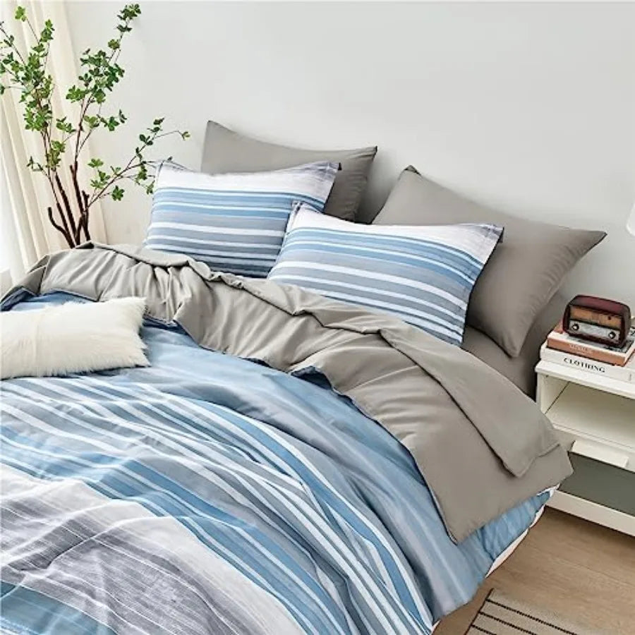 7-Piece Light Blue & White Striped Microfiber Queen Bedding Set